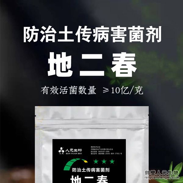 【地二春】土傳病害防治菌劑由河南省微生物菌劑工程技術(shù)研究中心研制，鶴壁市人元生物技術(shù)發(fā)展有限公司生產(chǎn)，本品根據(jù)土壤生態(tài)環(huán)境及土傳病害機(jī)理，以枯草、地衣芽孢桿菌、哈茨木霉菌、放線菌、白僵菌、綠僵菌及淡紫擬青霉等菌群為主，經(jīng)特殊培養(yǎng)精心研制而成的新一代抗土傳病害復(fù)合微生物菌劑。