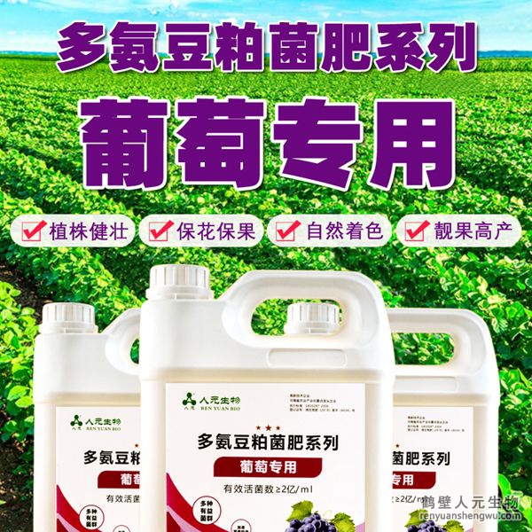 多氨豆粕菌肥系列葡萄專用肥由河南省微生物菌劑工程技術(shù)研究中心研制，鶴壁市人元生物技術(shù)發(fā)展有限公司生產(chǎn)，本品是以固態(tài)發(fā)酵豆粕為主要原料，豆粕經(jīng)過有益微生物菌種發(fā)酵分解，充分釋放游離氨基酸，同時輔以枯草、地衣、膠凍樣芽孢桿菌等有益菌群。